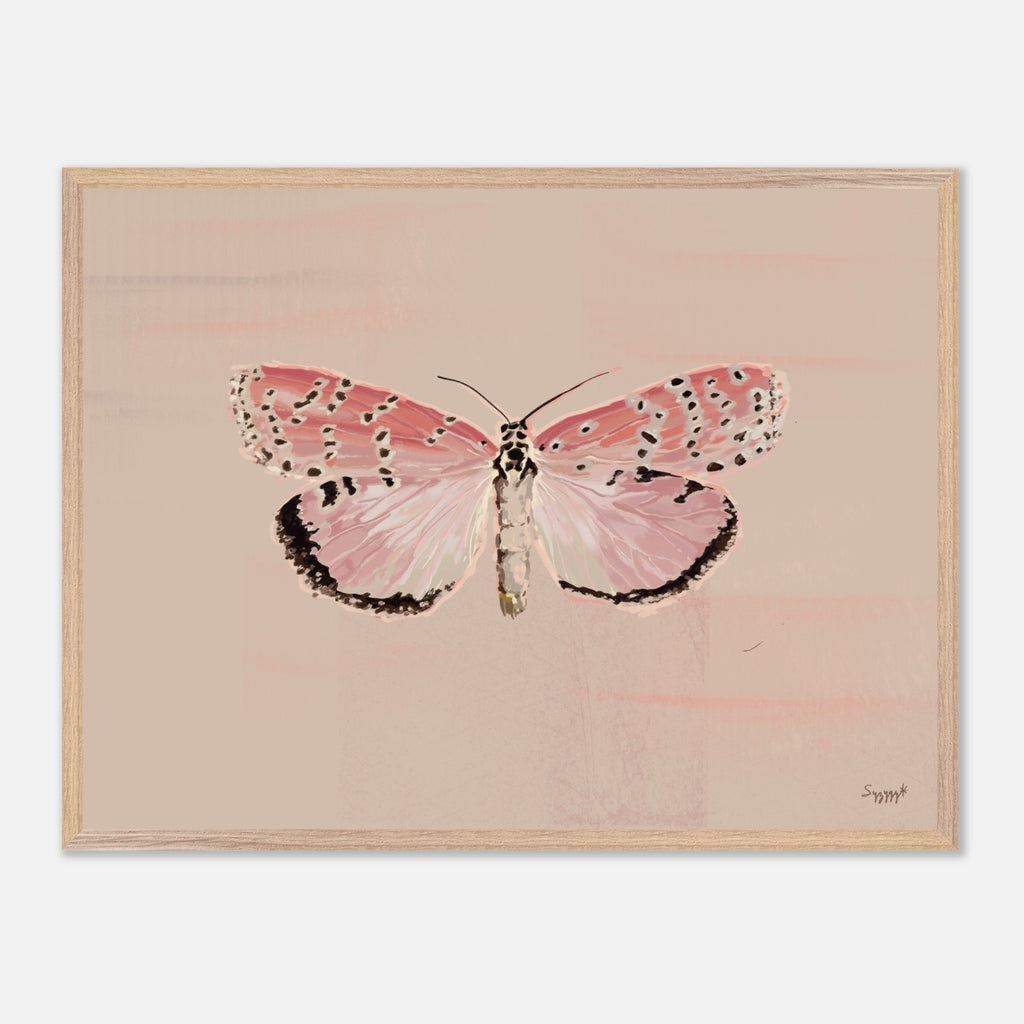 Framed artwork of a pink butterfly on a beige background