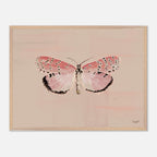 Framed artwork of a pink butterfly on a beige background