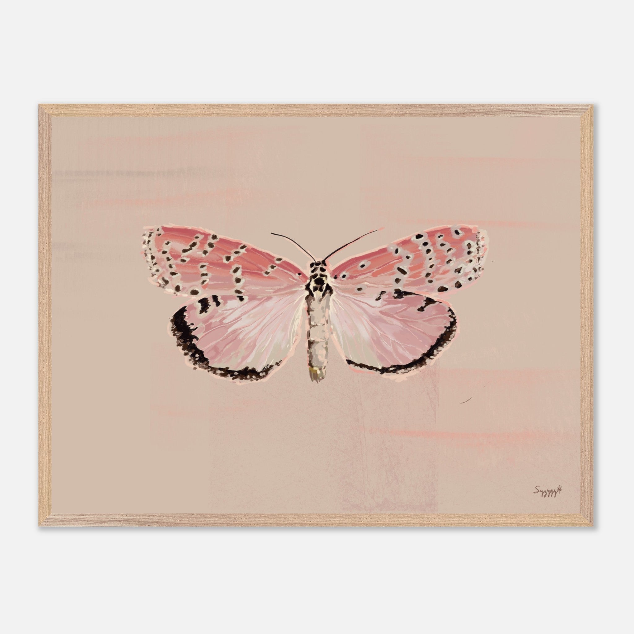 Framed artwork of a pink butterfly on a beige background