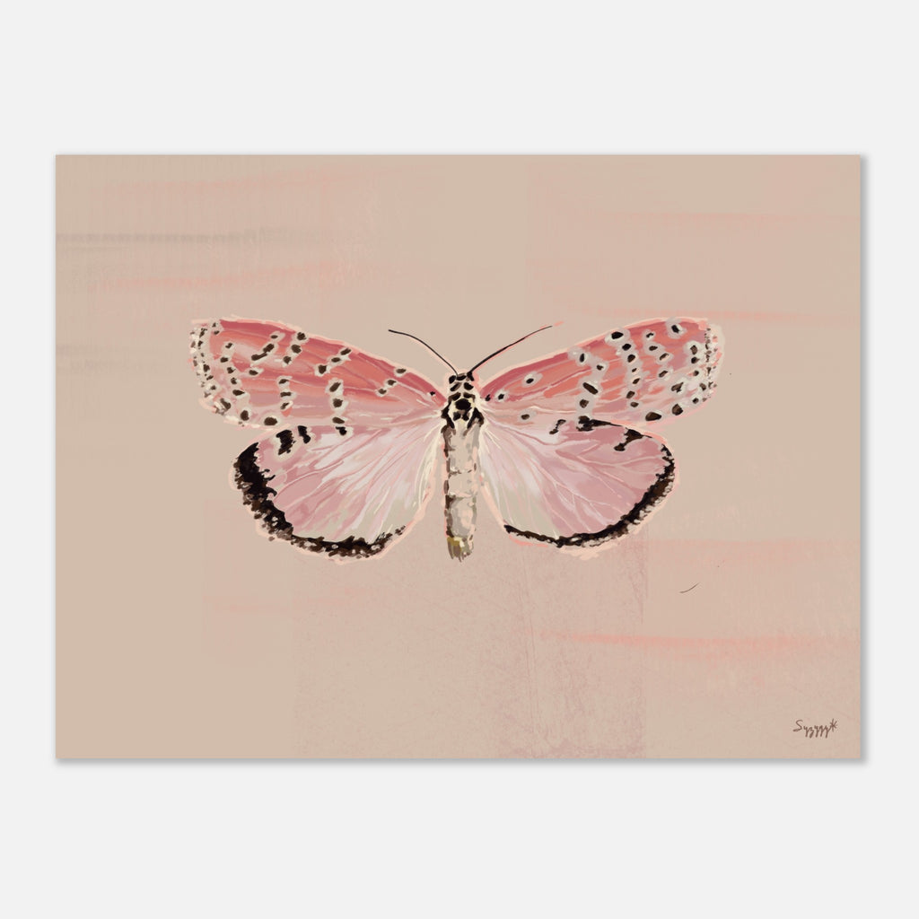Impressionistic art print of a pink butterfly with beige textured background unframed