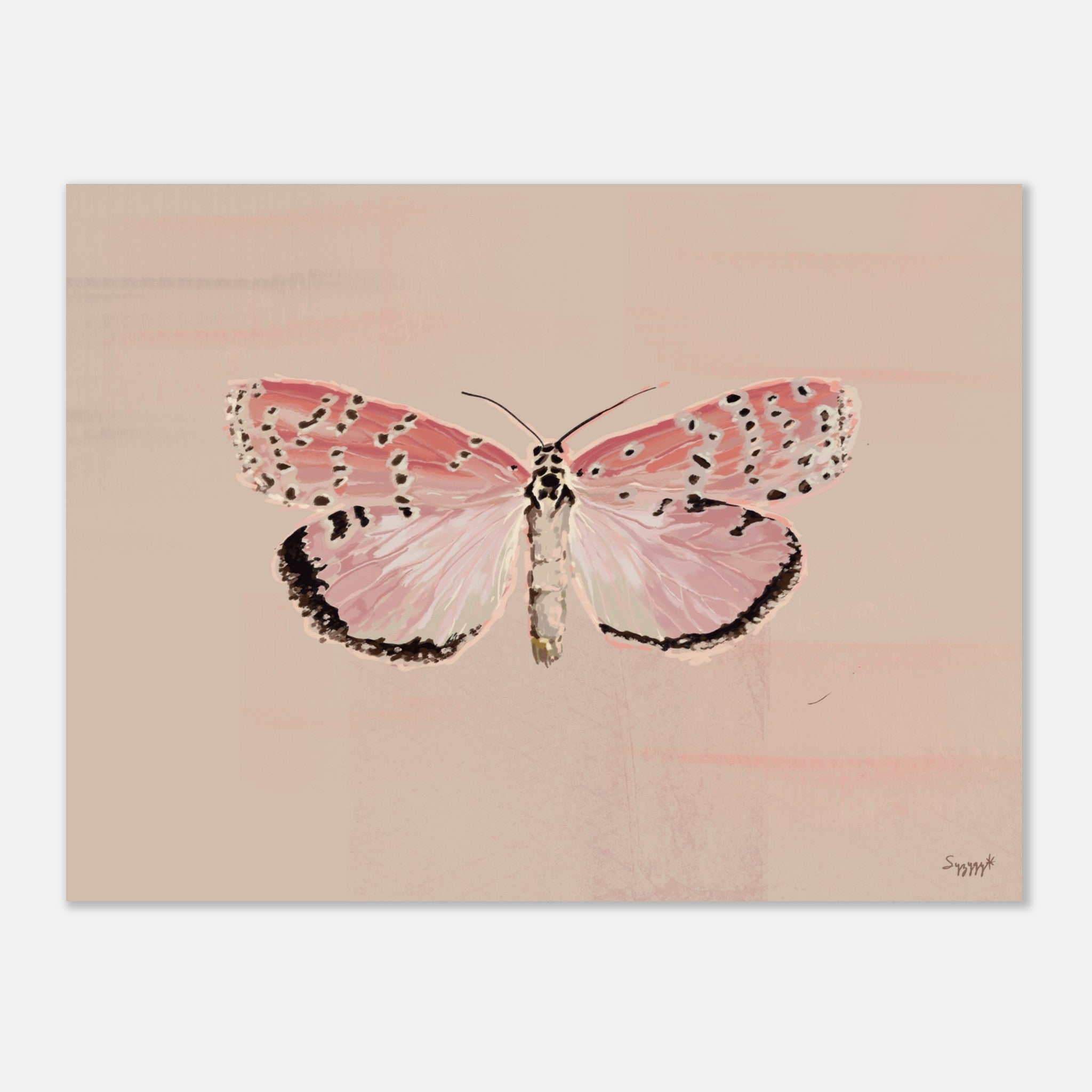 Impressionistic art print of a pink butterfly with beige textured background unframed