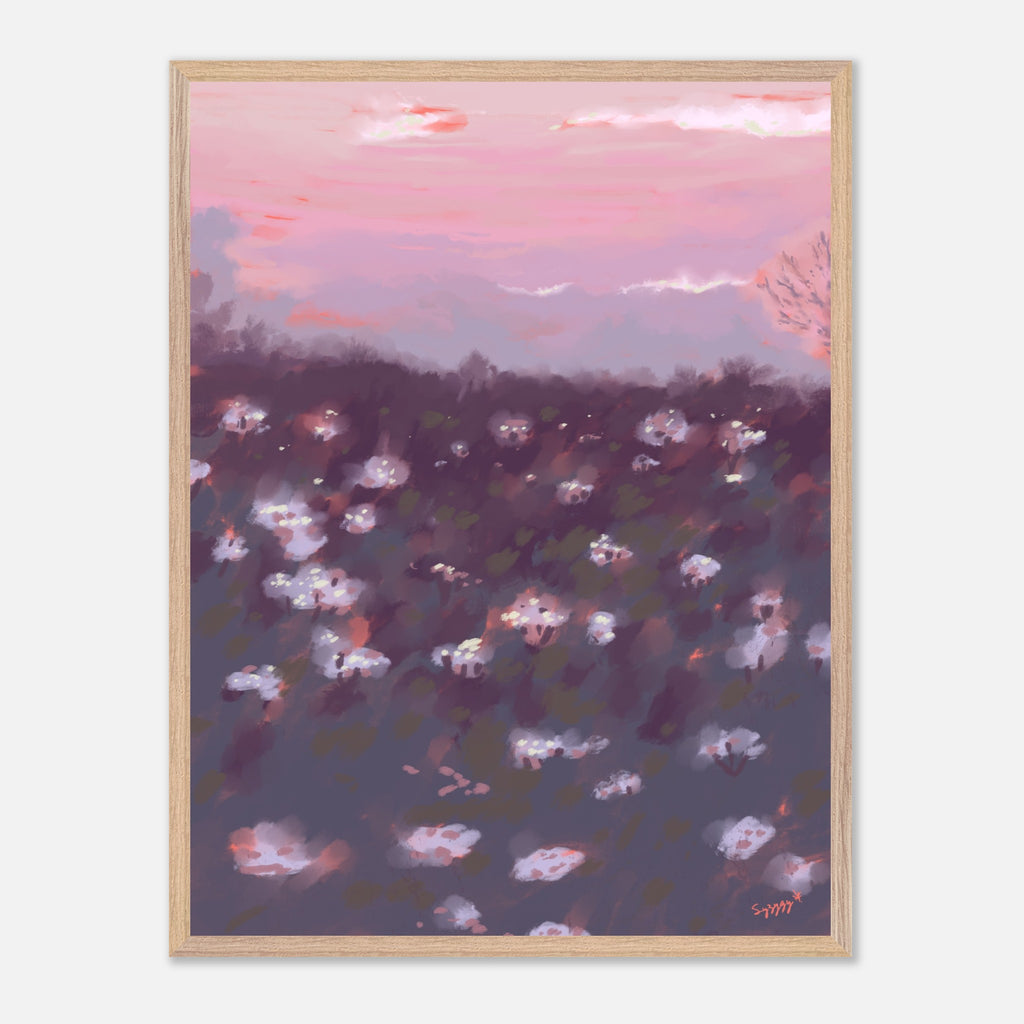 Framed artwork of a landscape with pink and purple hues on a white background
