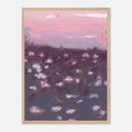 Framed artwork of a landscape with pink and purple hues on a white background