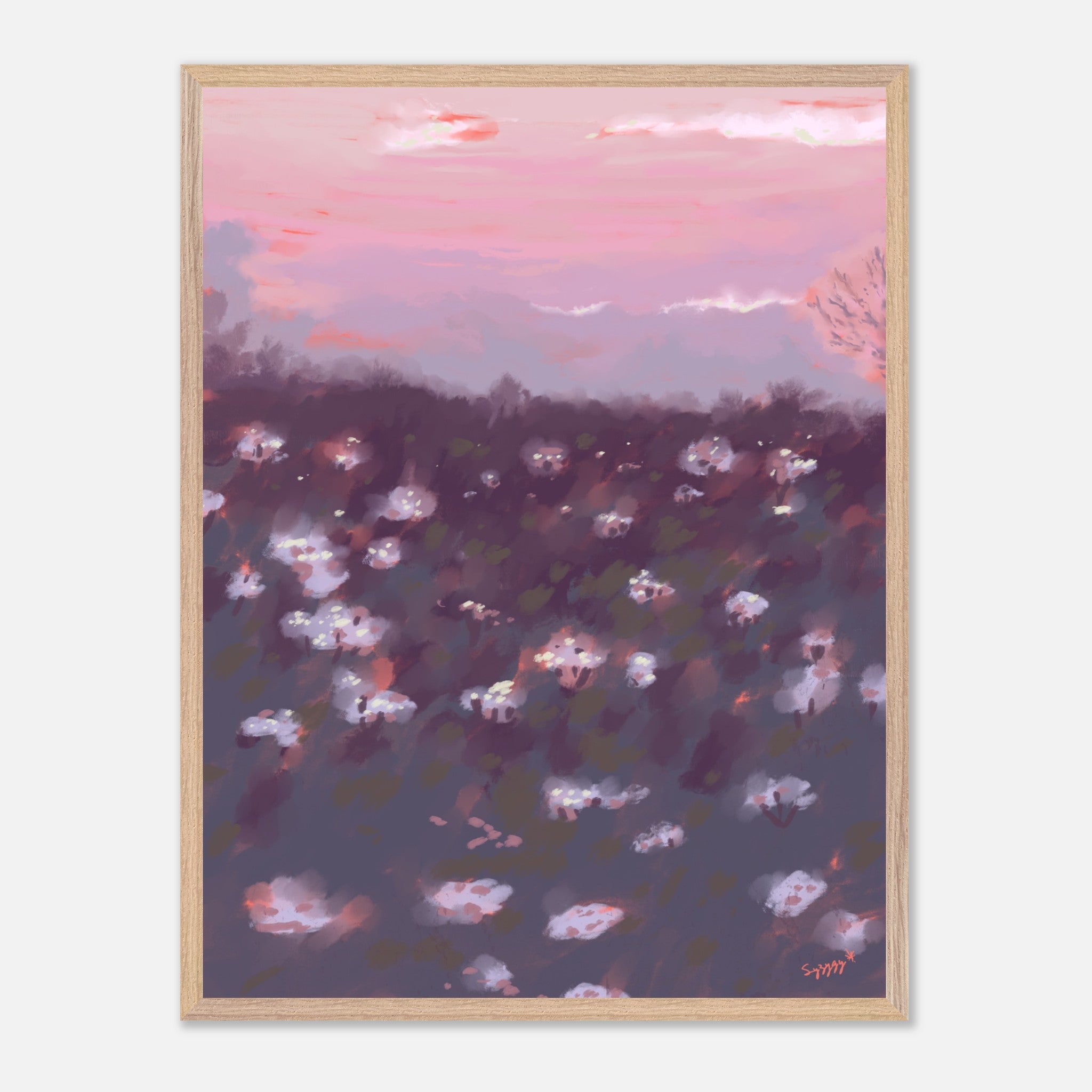 Framed artwork of a landscape with pink and purple hues on a white background