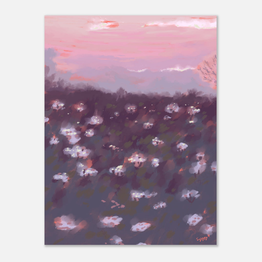 Art print of a field with flowers and a pink sky