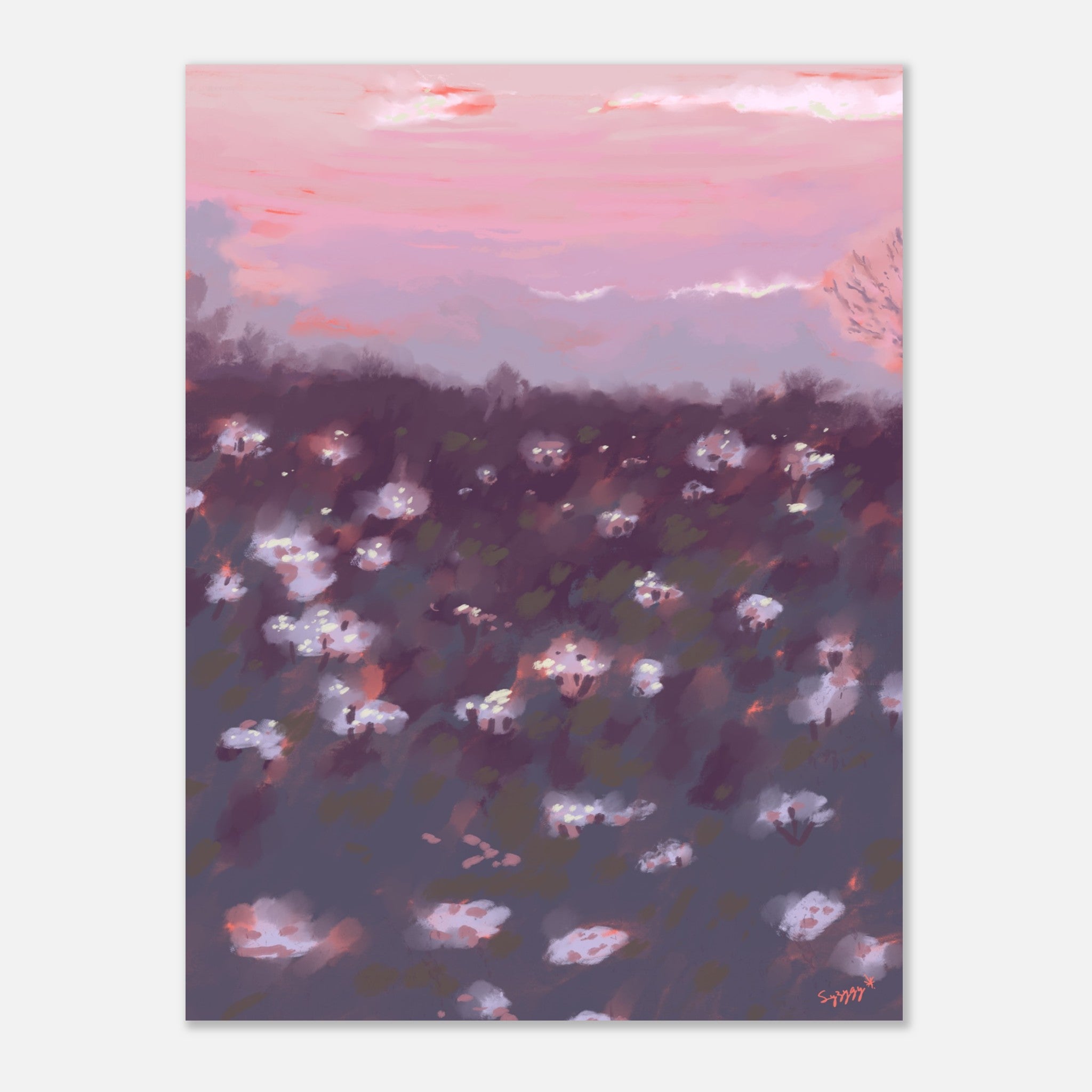 Art print of a field with flowers and a pink sky