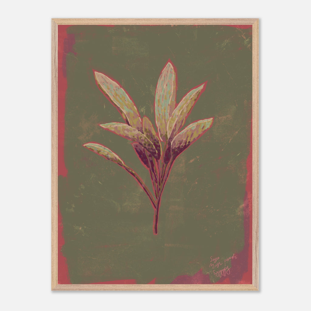 Framed artwork of a sage plant on a textured green background