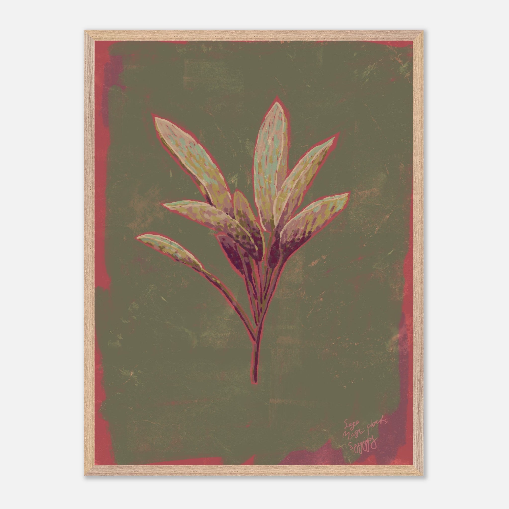 Framed artwork of a sage plant on a textured green background