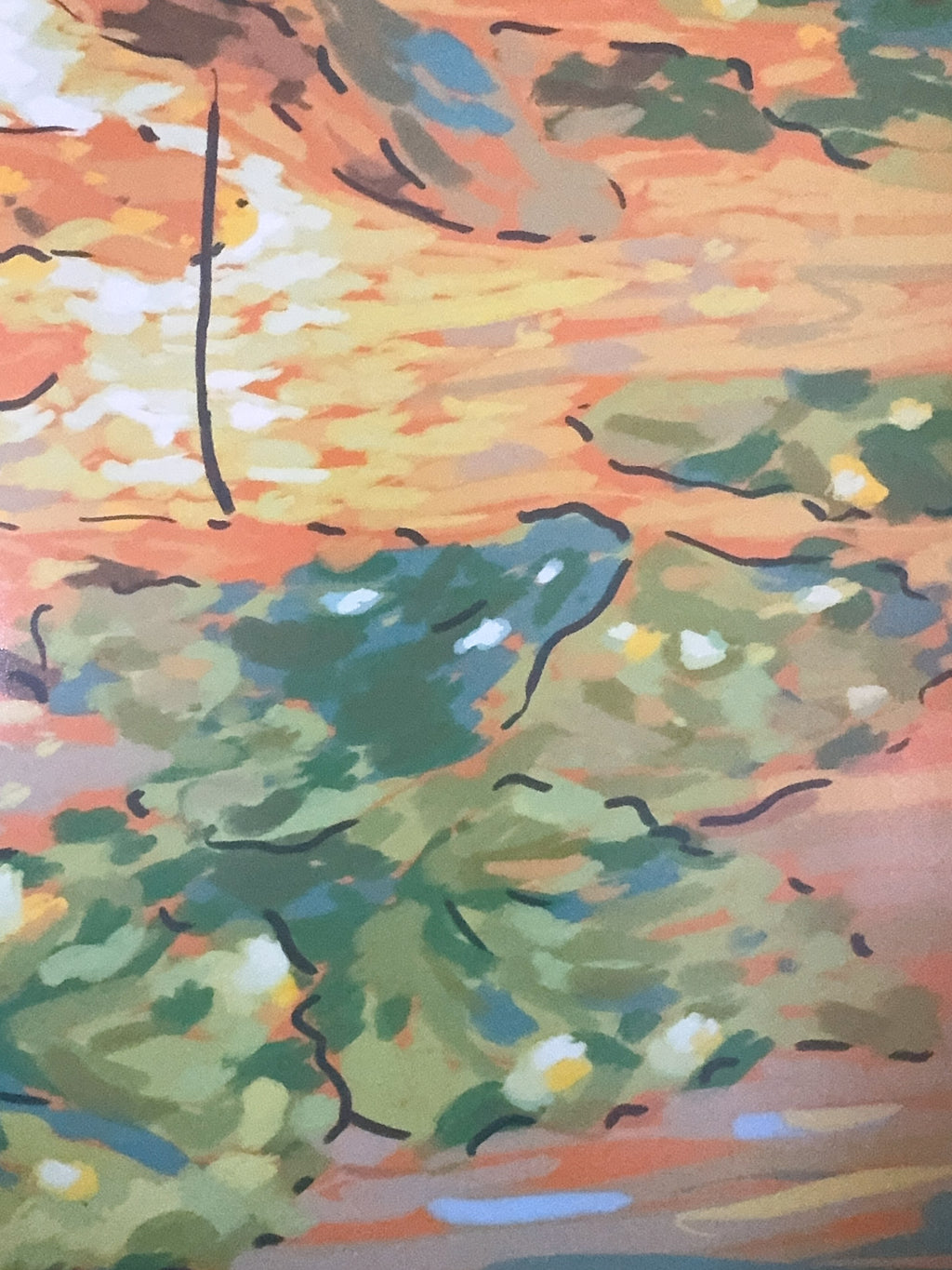 Abstract painting of a pond with lily pads with colorful brush strokes, detail close up
