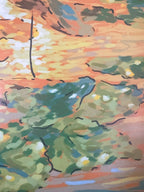 Abstract painting of a pond with lily pads with colorful brush strokes, detail close up