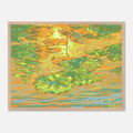 Framed impressionist artwork of a lake with lily pads in green and orange hues.