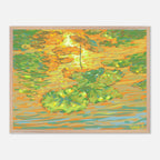 Framed impressionist artwork of a lake with lily pads in green and orange hues.