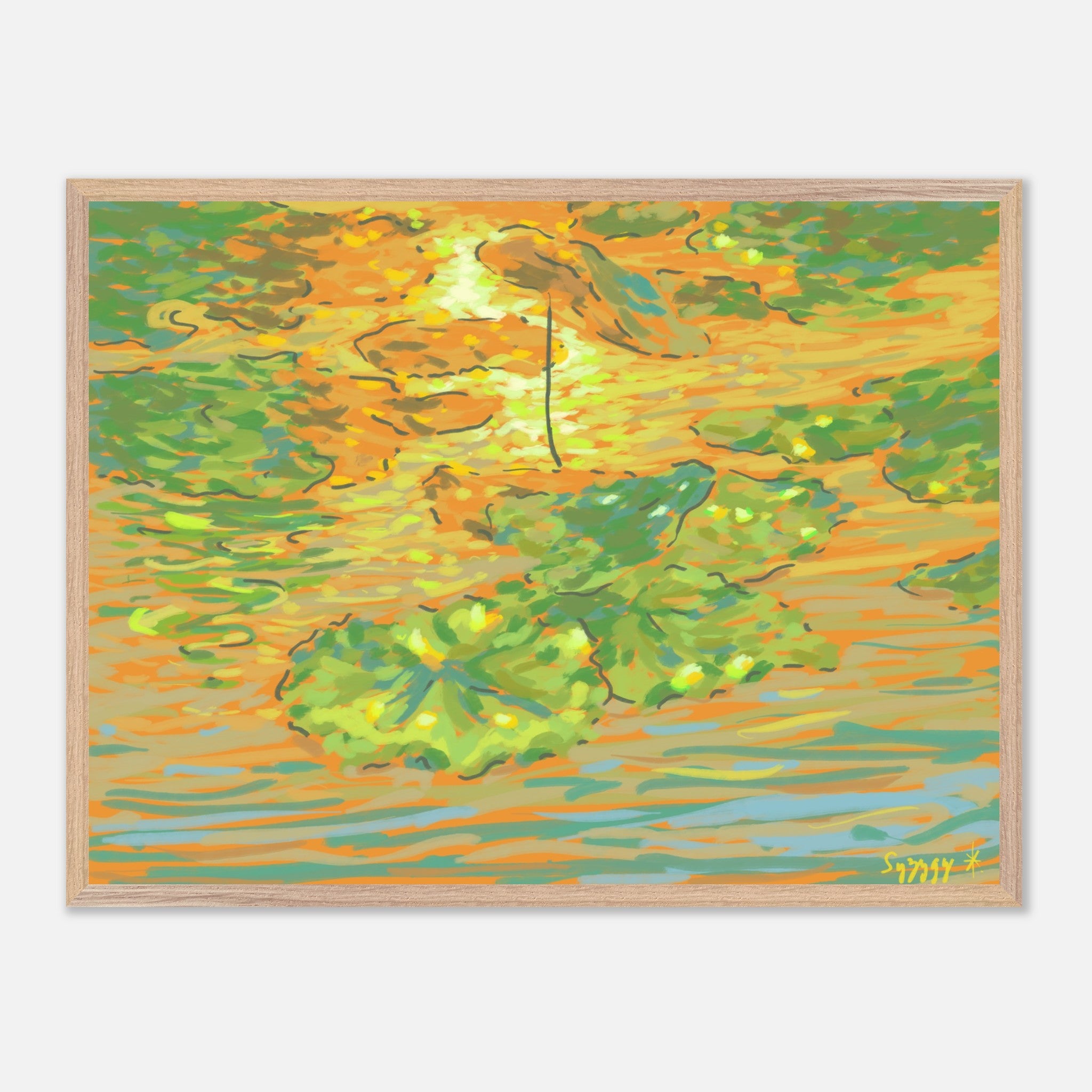 Framed impressionist artwork of a lake with lily pads in green and orange hues.