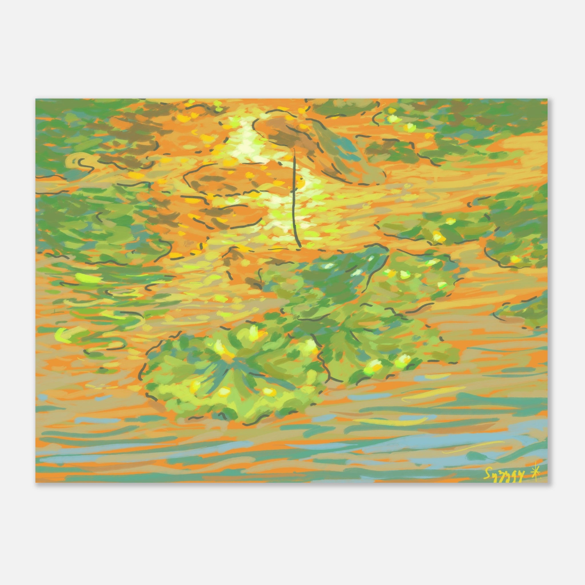 Painting of water lilies and sunlight with a focus on green and orange colors.