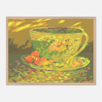 Framed painting of a teacup with a colorful abstract design