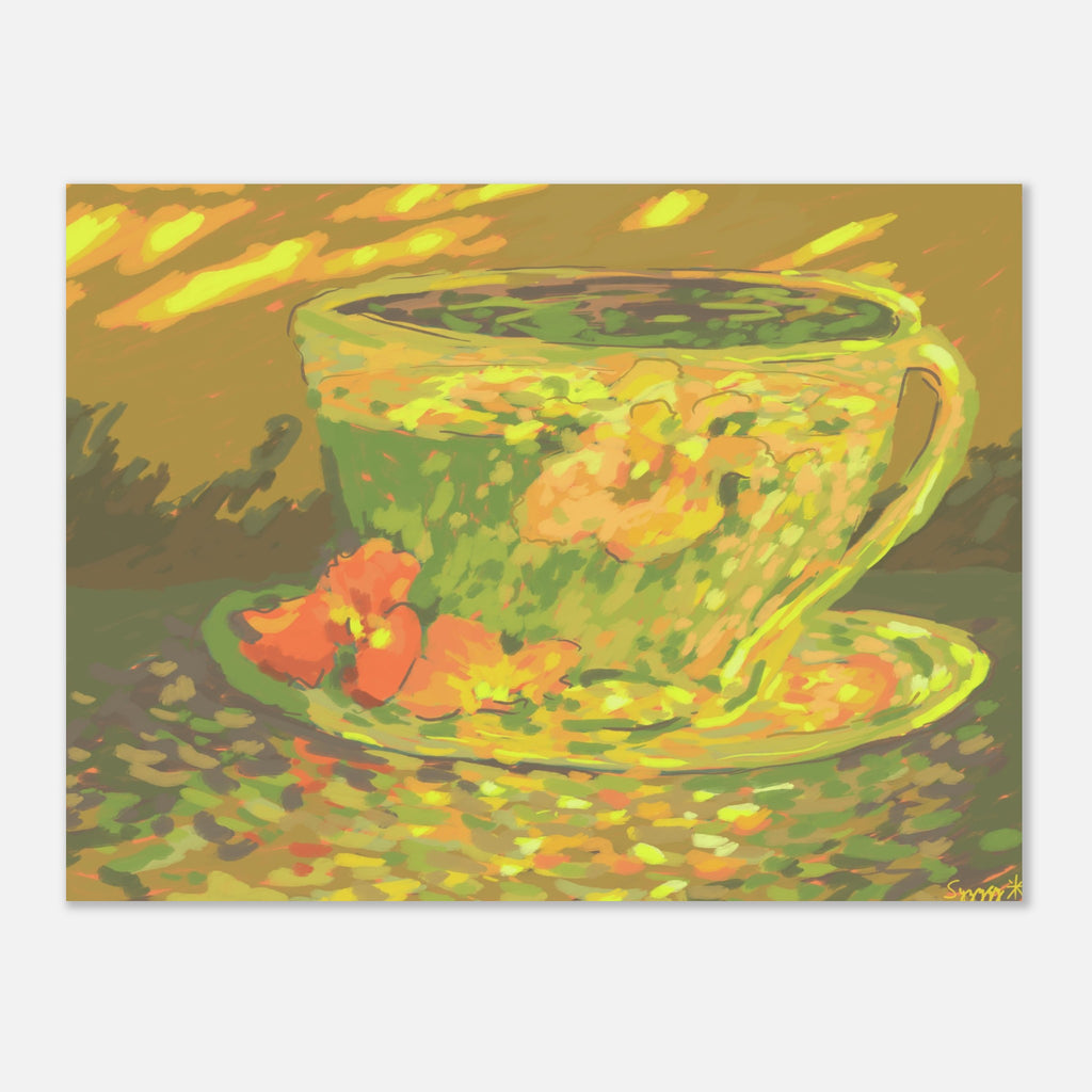 Colorful painting of a teacup and saucer with flowers on a white background unframed