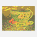Colorful painting of a teacup and saucer with flowers on a white background unframed