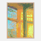 Colorful impressionist painting with a wooden frame on a white background