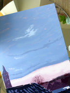 Impressionistic art print of a landscape with a building and trees on a purple sky background, detailed close up