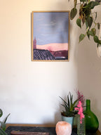 Framed artwork of a city landscape and pink cloud, on a wall with plants and decorative items below