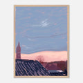 Framed artwork of a landscape with a clock tower and pink sky.