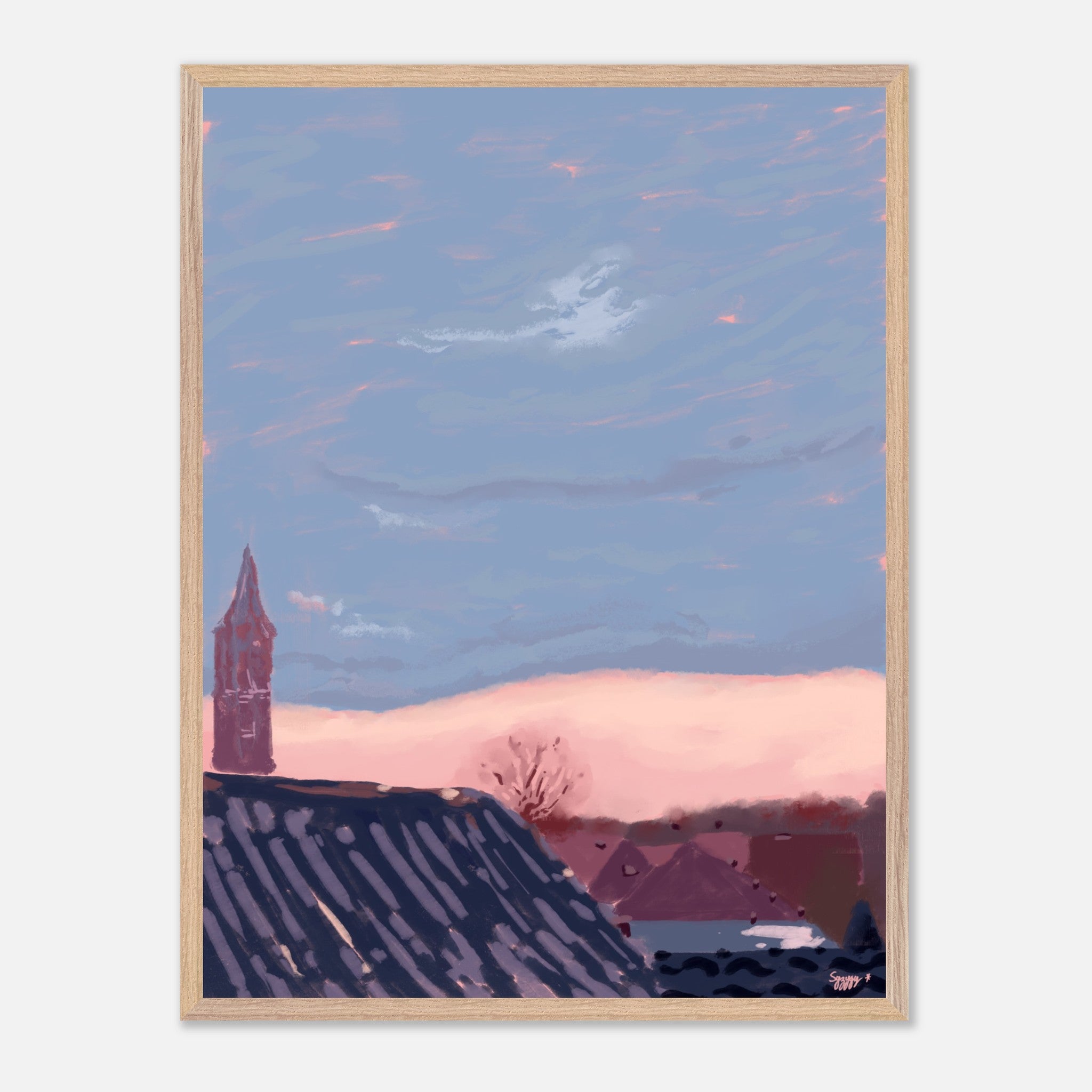 Framed artwork of a landscape with a clock tower and pink sky.
