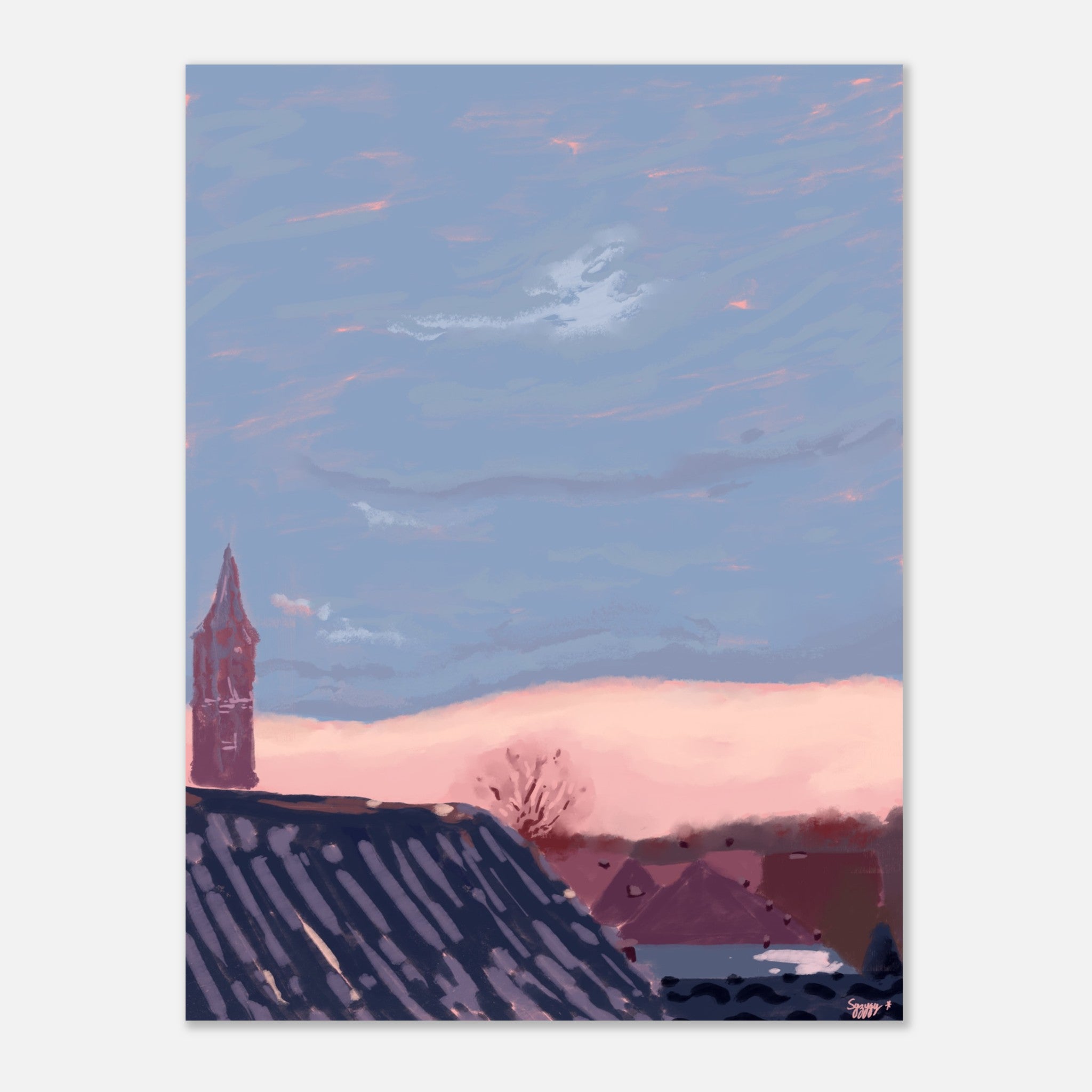 Unframed art print of a landscape with a tower and rooftops under a pink and blue sky.