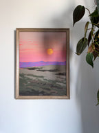 Impressionistic framed art print of the moon with pink sky and a field