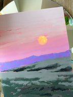 Impressionistic art print of the moon with pink sky and a field