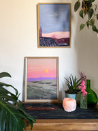 Two impressionistic art prints of dreamy pink skyes