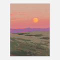 Surreal landscape with a large moon in a pink sky over rolling hills.