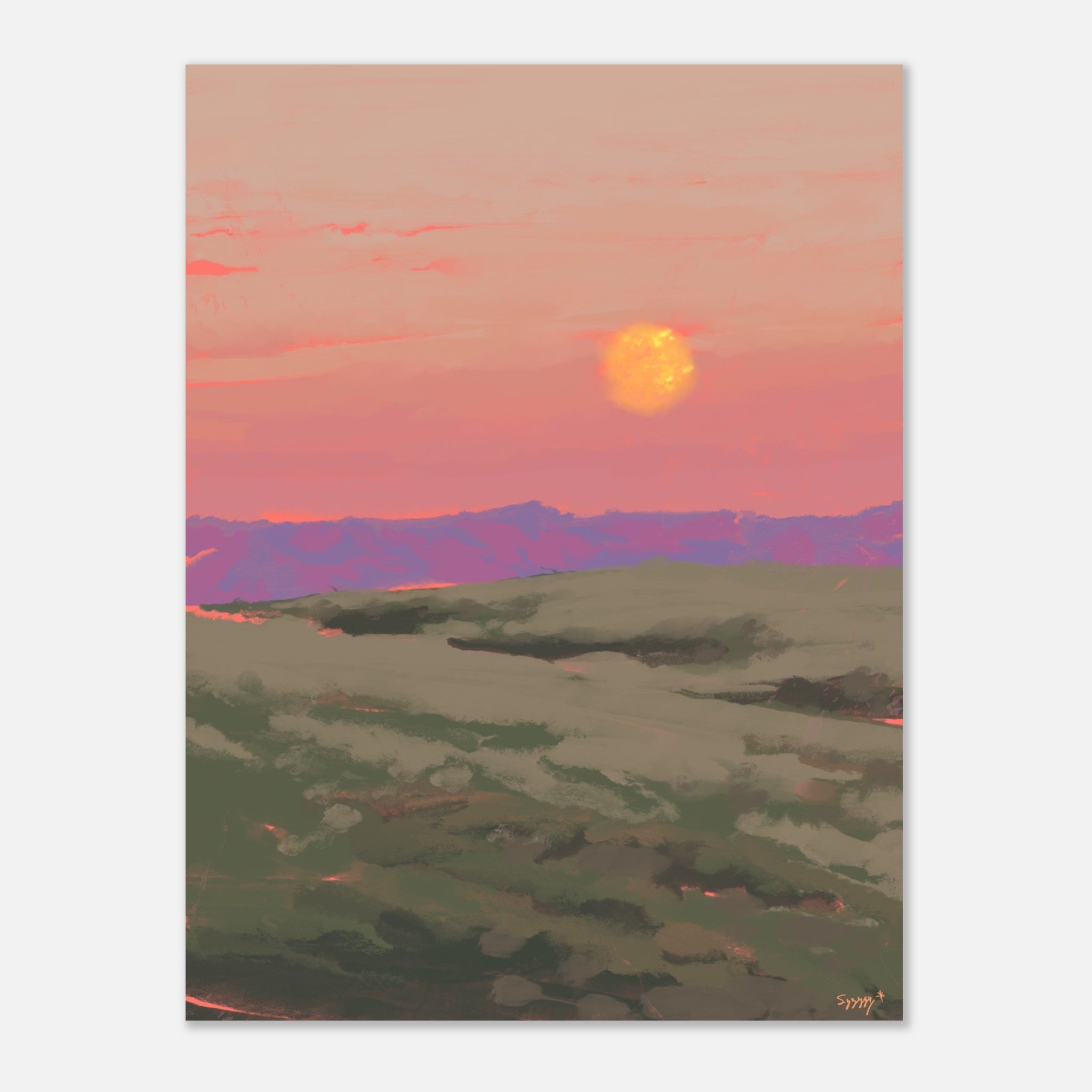 Surreal landscape with a large moon in a pink sky over rolling hills.