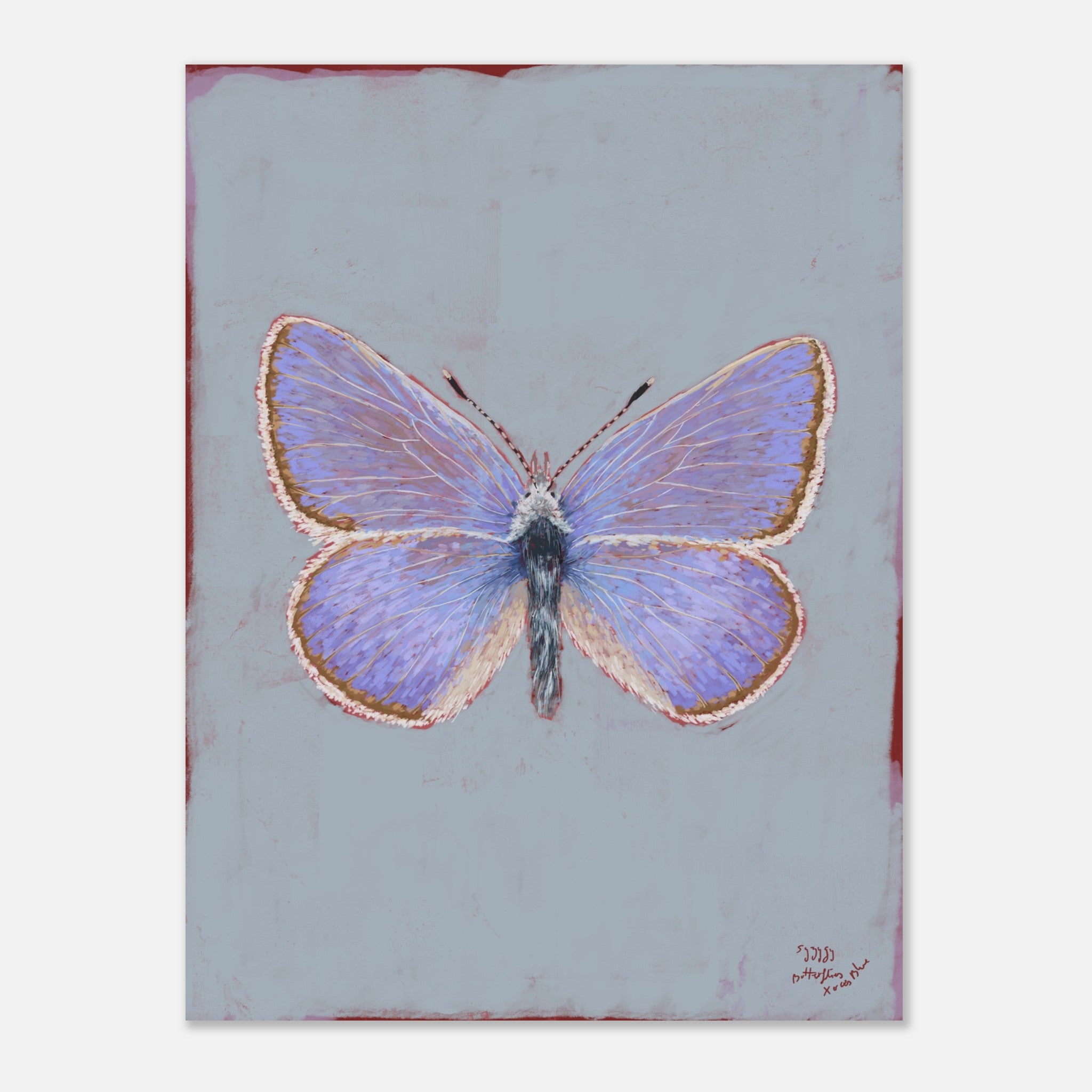 Painting of a butterfly on a textured light blue background