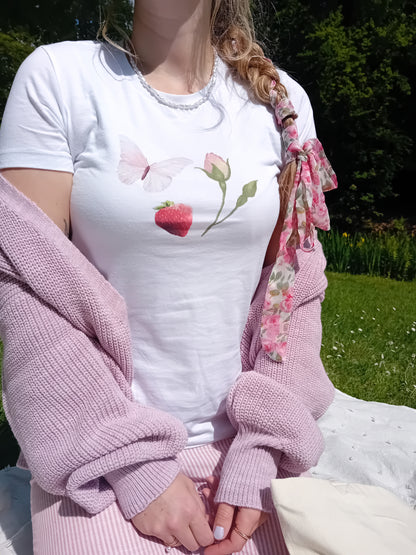 Coquette woman tee, retro butterfly strawberry rose top