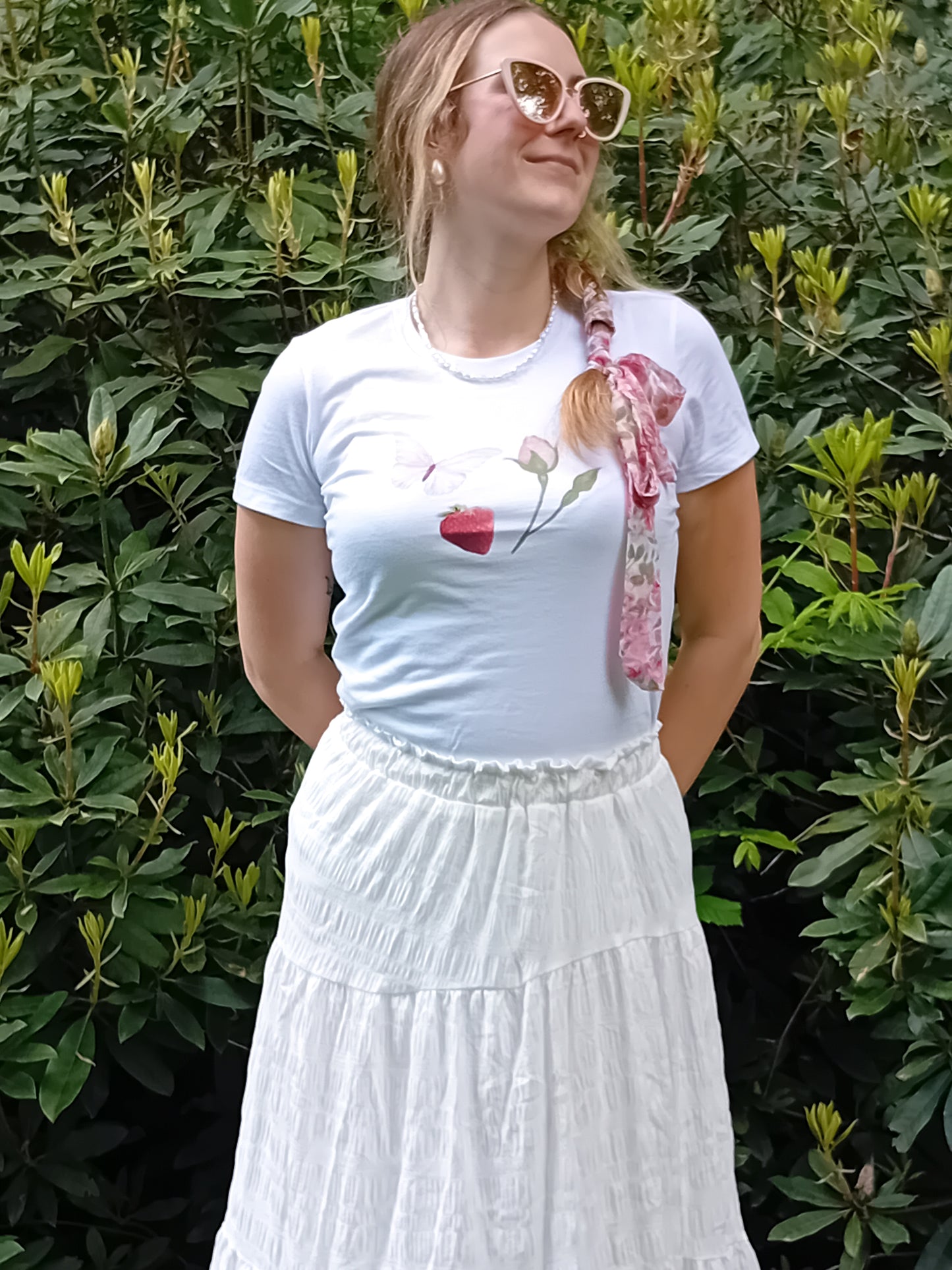Coquette woman tee, retro butterfly strawberry rose top