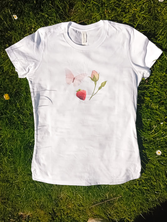 Coquette woman tee, retro butterfly strawberry rose top