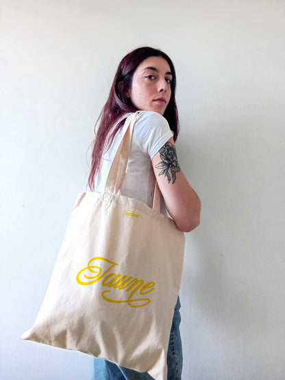 Aesthetic yellow natural woman tote bag, artsy retro jaune lettering shopper