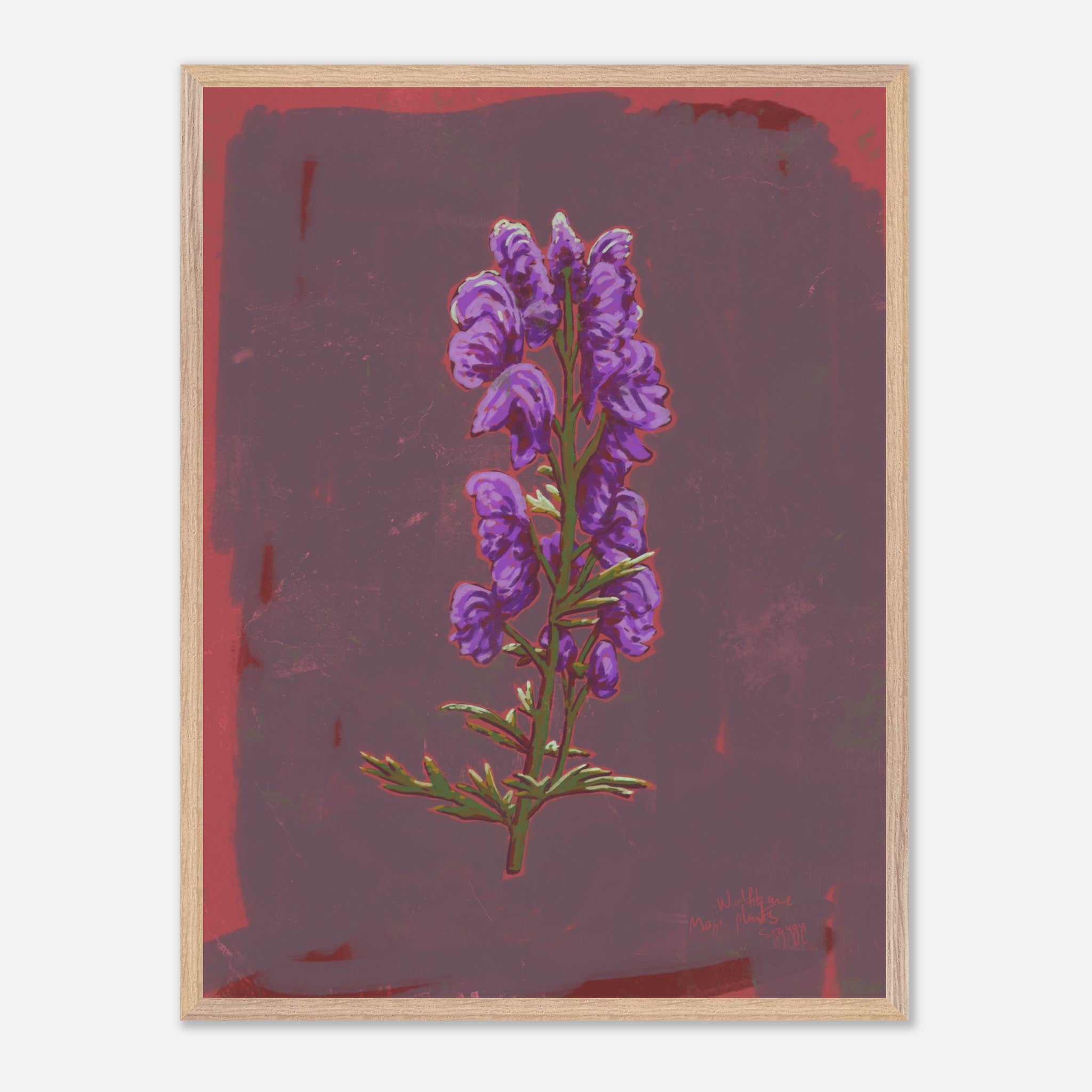Framed artwork of a purple flower on a textured purple background