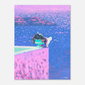 art print of a summer cat on a roof terrace and the sea in the background