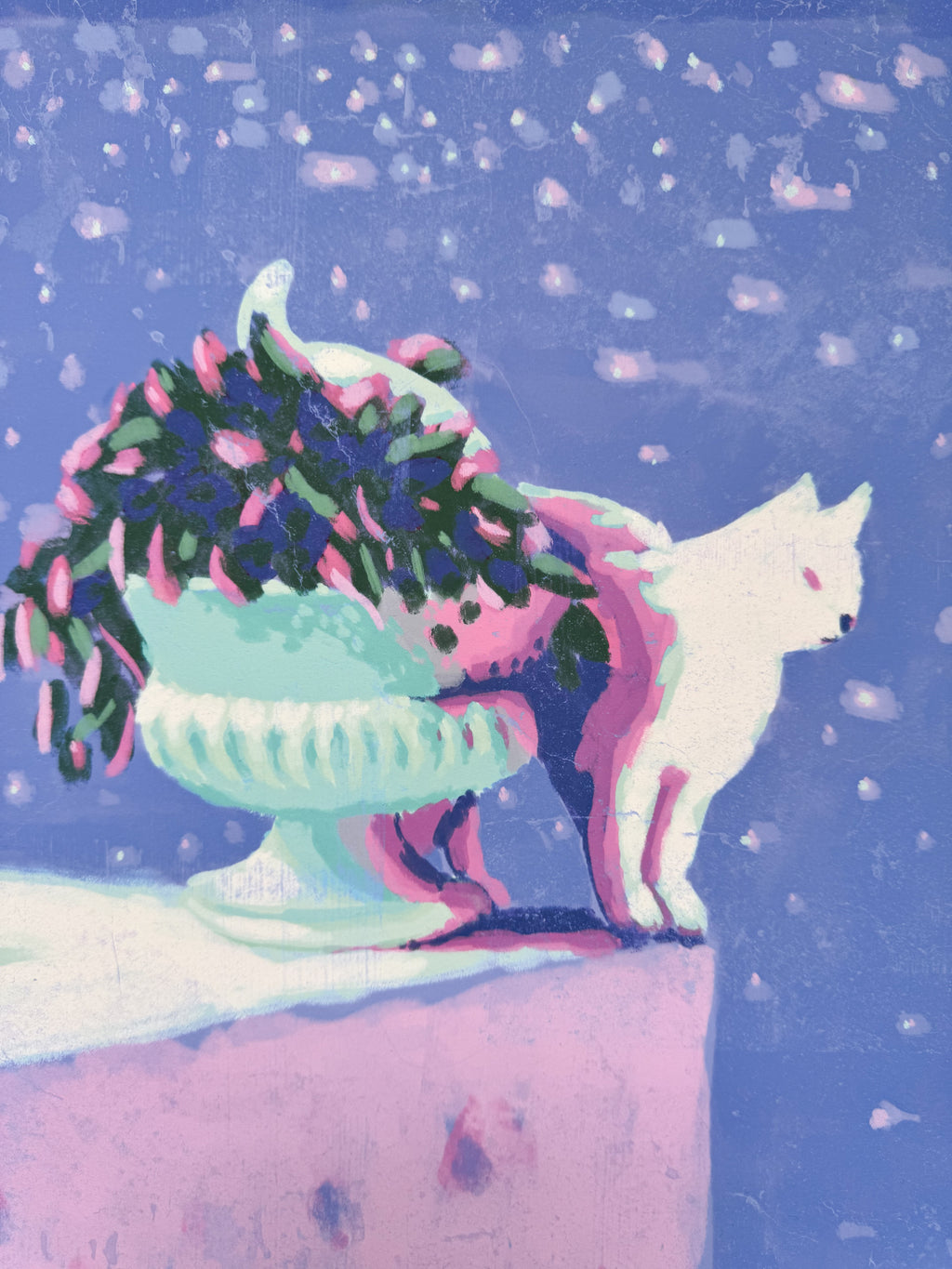 Art print of a cat and flower pot with a blue and pink sea at the background