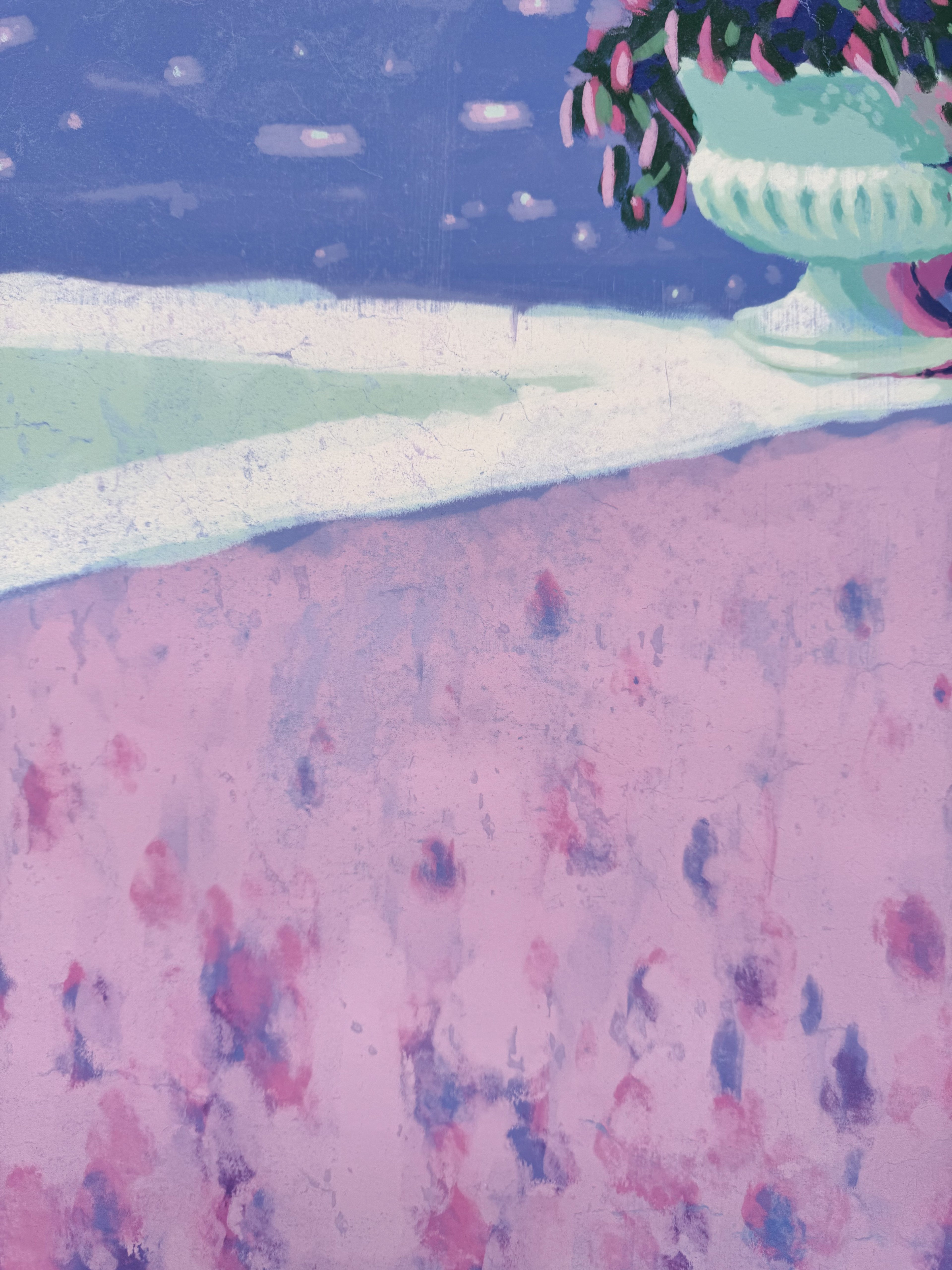 Abstract artwork with a pink and purple landscape and a green vase.