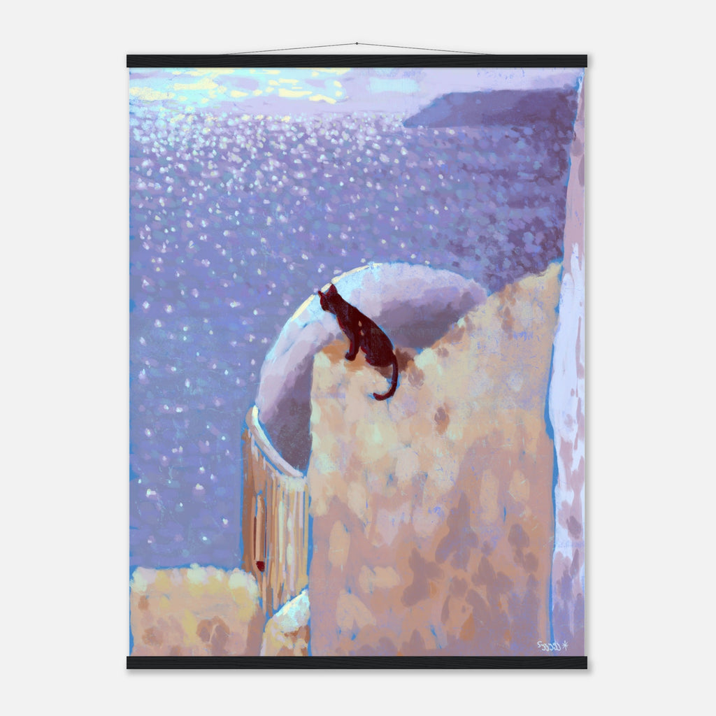 Framed artwork of a cat on a roof with the sea in the background
