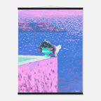 art print with a cat on a pink and blue sea landscape