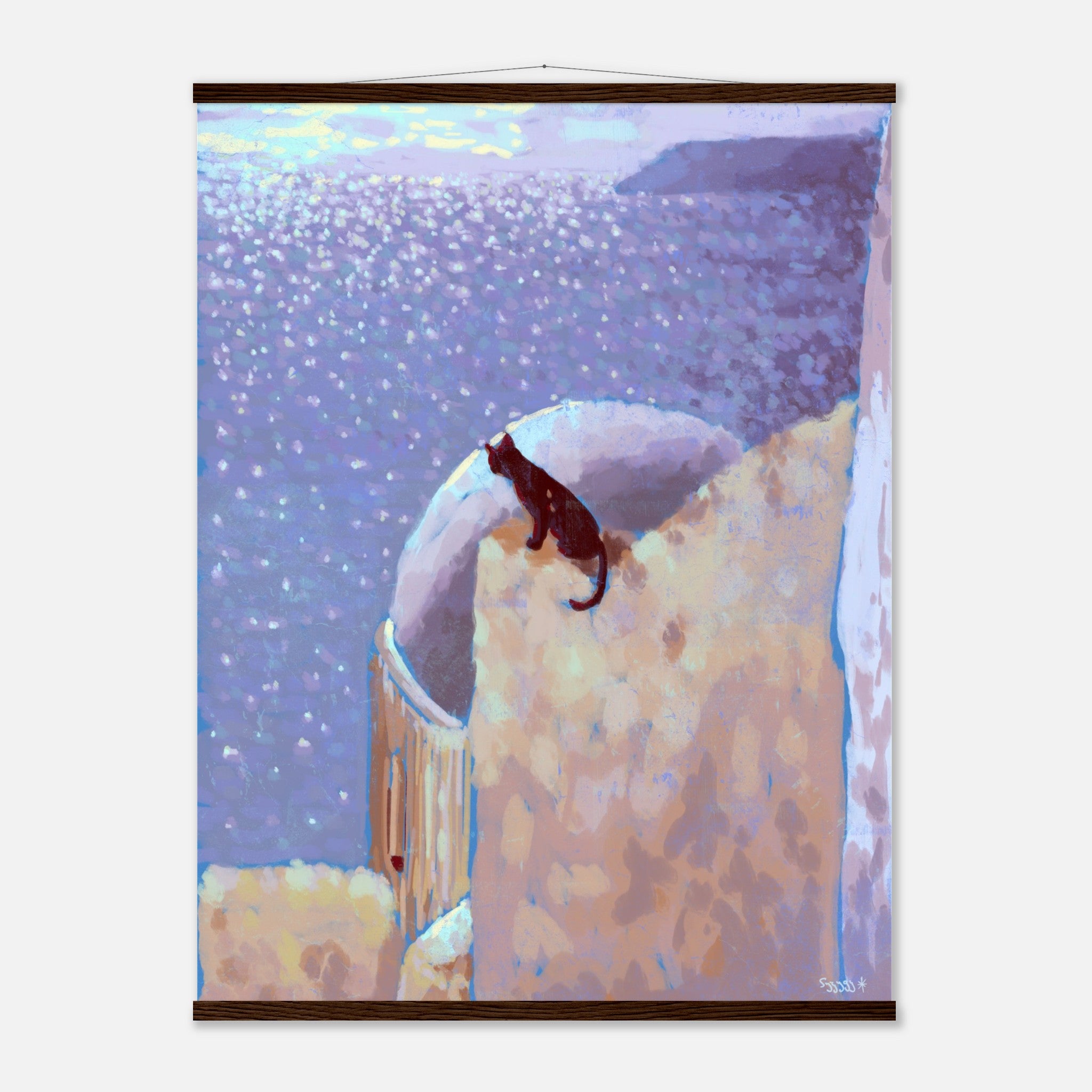 Framed artwork of a cat on a roof and the sea in the background