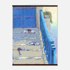 Artistic depiction of cats sleeping on a staircase with a blue door and the sea in the background