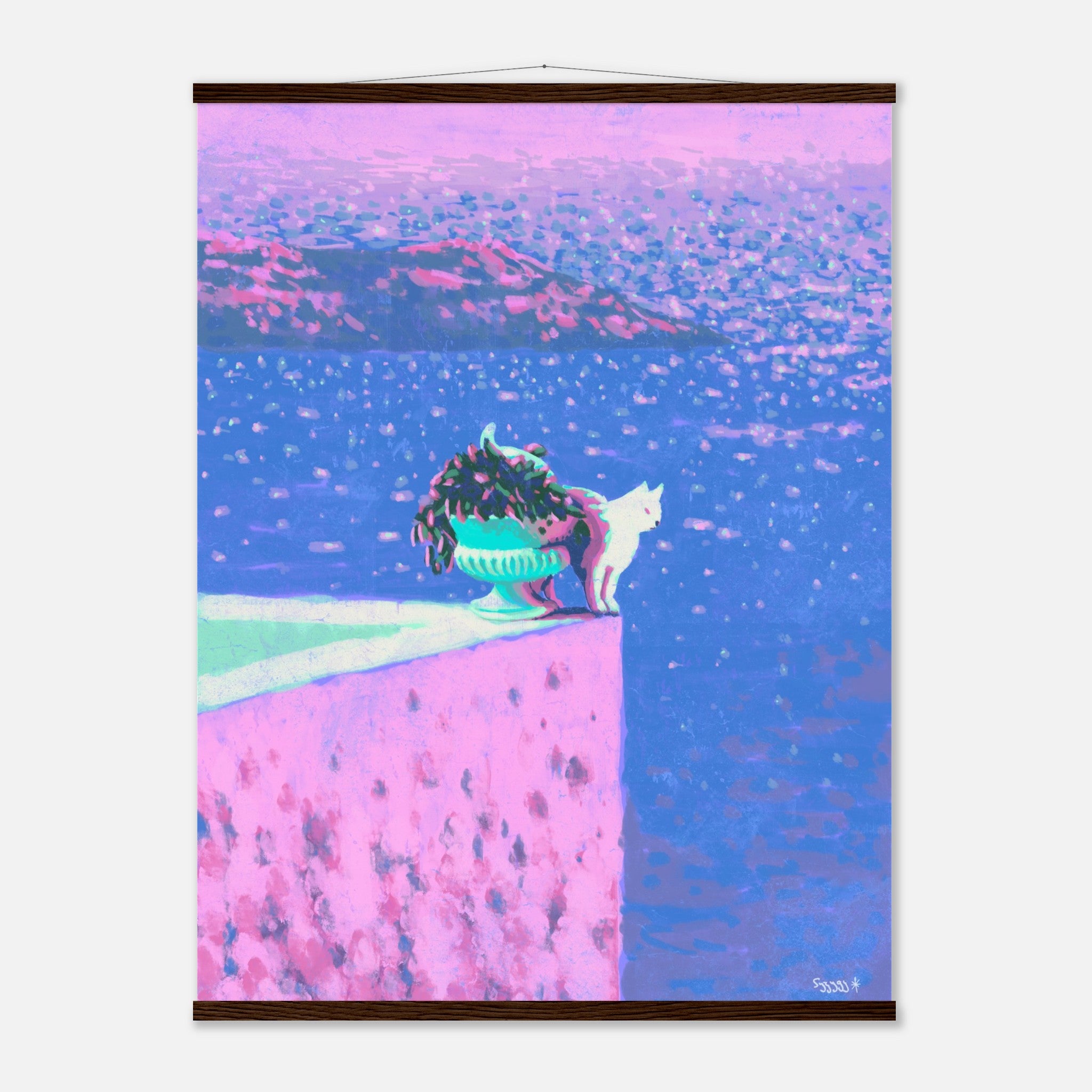 art print with a cat on a pink and blue sea landscape