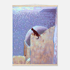 framed artwork of a cat on a roof with the sea in the background