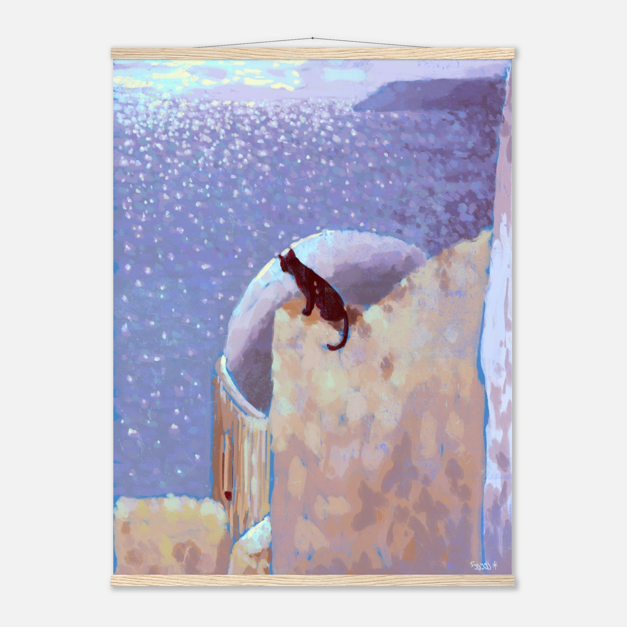 framed artwork of a cat on a roof with the sea in the background