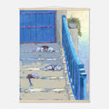 Artistic depiction of cats sleeping on a staircase with a blue door and the sea in the background