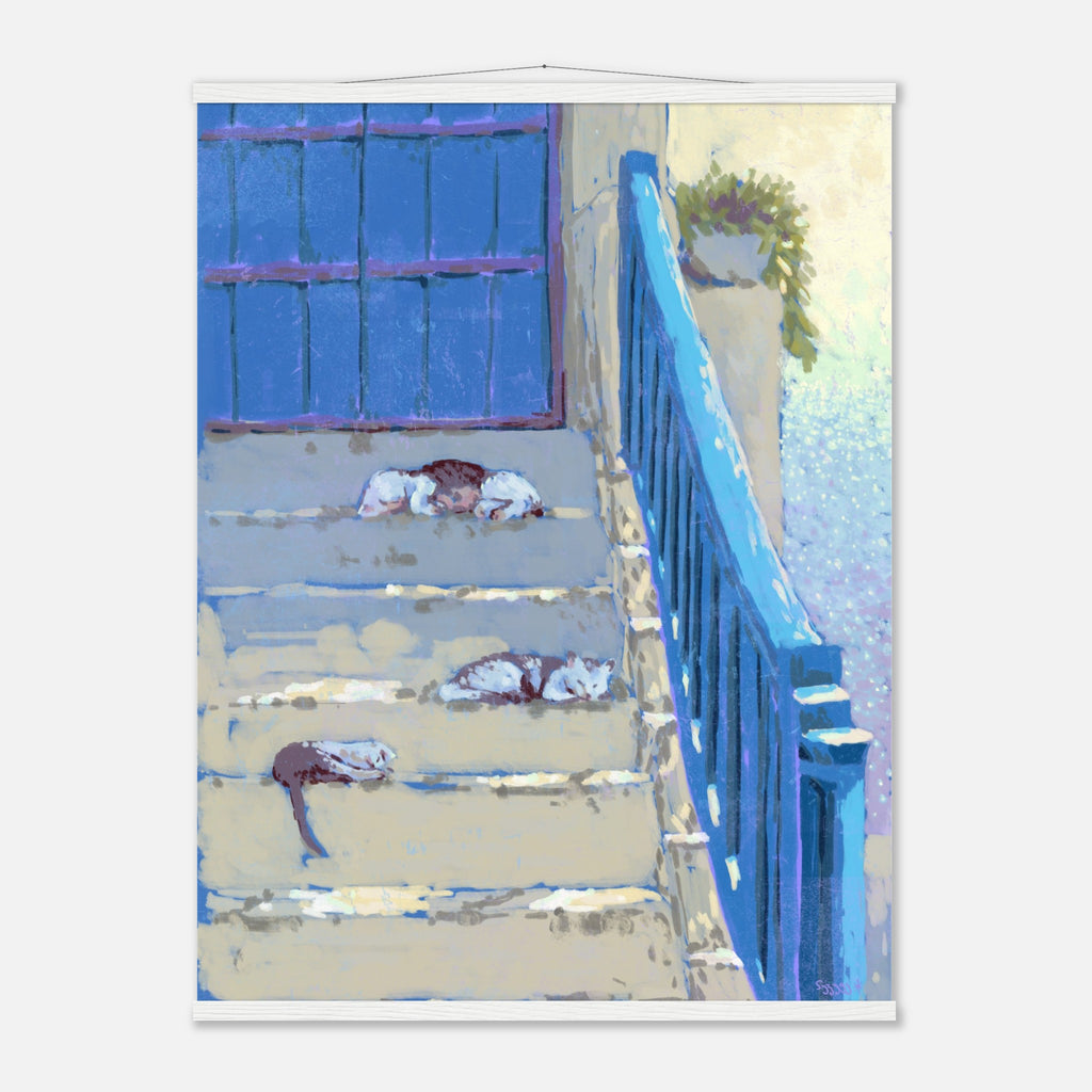 Artistic depiction of cats sleeping on a staircase with a blue door and the sea in the background